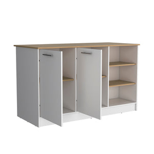 English Elm Kitchen Island Leoti White with European Ash Top, Engineered Wood, 2 Cabinets & Metal Handles, Durable B092S00268