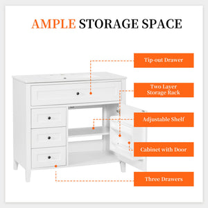 English Elm 36-Inch White Bathroom Vanity With Sink, Modern Mdf & Rubberwood, 3 Drawers & Adjustable Shelf Storage N725P350821K