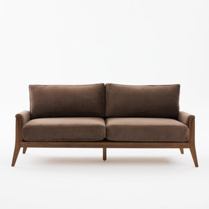 English Elm Mid-century Modern Boucle Upholstered Three Seat Sofa with Walnut Finish Wood Legs Dark Brown N773P411407D