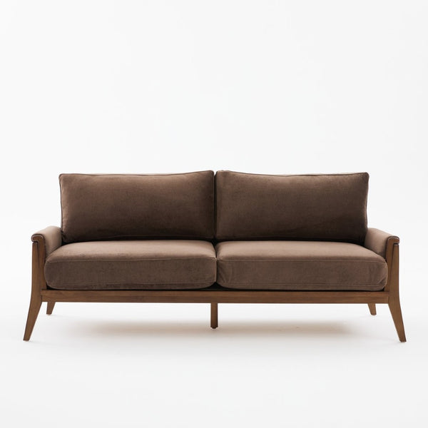 English Elm Mid-century Modern Boucle Upholstered Three Seat Sofa with Walnut Finish Wood Legs Dark Brown N773P411407D