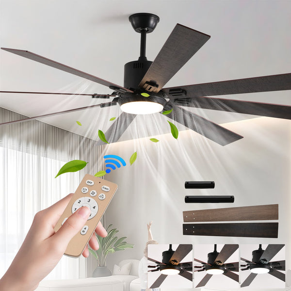 English Elm 72" Walnut LED Ceiling Fan Light with 8 Wooden Blades, Remote, Dimmable Color Temp, Quiet DC Motor Elegance W1340P244569