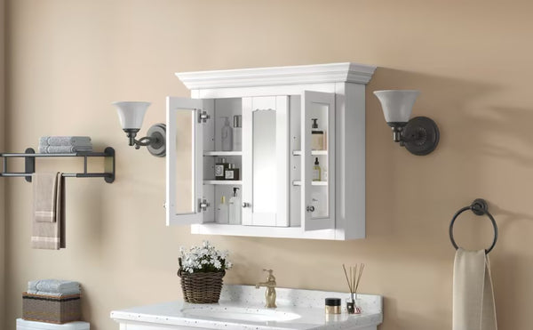 English Elm 35" Bathroom Medicine Cabinet with Mirror — 5 Adjustable Shelves, Wall-Mounted Storage, Modern White Elegance N710P264306K