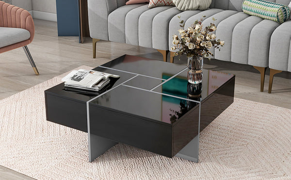 English Elm ON-TREND Extendable Square Coffee Table with Four Hidden Storage Compartments and UV Gloss Finish Black WF305182AAB