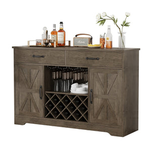 English Elm Coffee Bar Buffet Sideboard with Wine Rack Stemware Holder and Drawers in Oak Gray T3773P417369