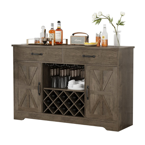 English Elm Coffee Bar Buffet Sideboard with Wine Rack Stemware Holder and Drawers in Oak Gray T3773P417369