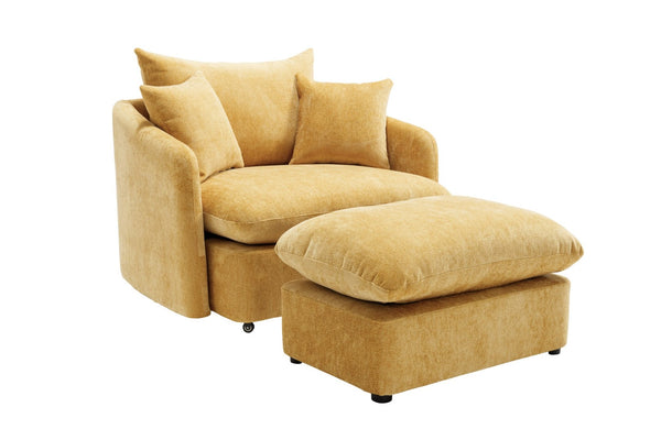 English Elm 360° 360 Swivel Oversized Chenille Armchair with Pocket Spring Seat and Three Throw Pillows Yellow W1361S00048
