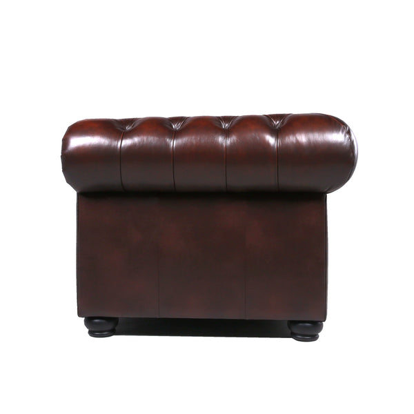 English Elm Traditional Tufted Leather Chesterfield Sofa with Feather-Down Cushions, Nailhead Trim & Wood Legs Brown B193P200145