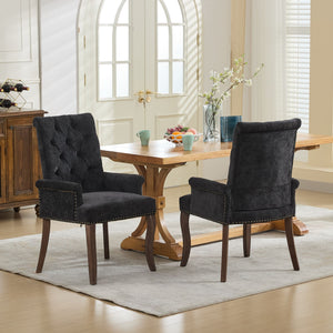 English Elm Upholstered Chenille Dining Chair with Hand-Tufted Back, Curved Solid Wood Legs, Comfortable Armseat Black W1143P346928