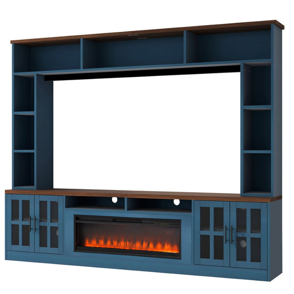 English Elm U-can Modern Farmhouse Wall Unit with Electric Fireplace Bookshelves and Glass Cabinet Doors Navy Blue SJ000153AAN