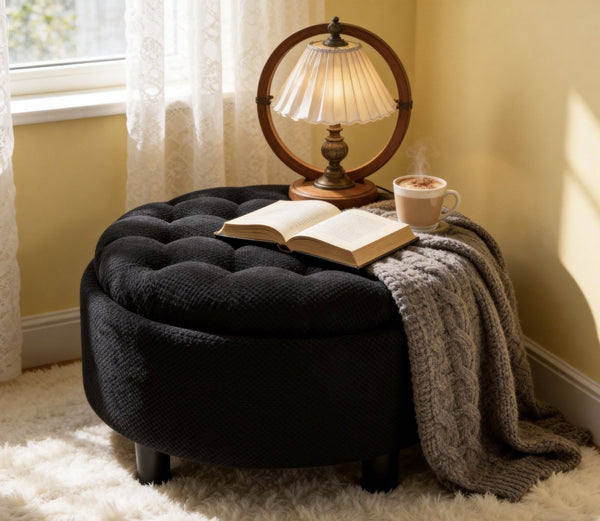 English Elm 25 Inch Round Fabric Pouf Ottoman with Removable Wooden Lid and Hidden Interior Storage Black W5568P461346
