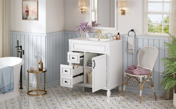 English Elm 30" French-Inspired Bathroom Vanity With Ceramic Sink & Dual Drawers - Elegant Storage Solution! N710P323328K