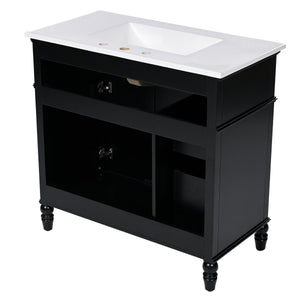 English Elm 36" Modern Bathroom Vanity with Ceramic Sink, Solid Wood + MDF Frame, Sleek Freestanding Design Black N725P195410B