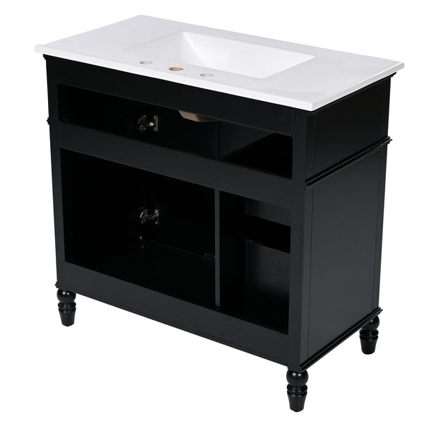 English Elm 36" Modern Bathroom Vanity with Ceramic Sink, Solid Wood + MDF Frame, Sleek Freestanding Design Black N725P195410B