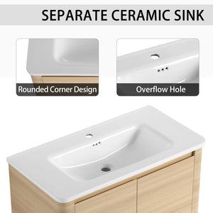 English Elm 36'' Freestanding Bathroom Vanity Plywood Cabinet Ceramic Sink Soft Close Doors W999P351893