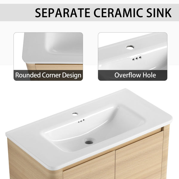 English Elm 36'' Freestanding Bathroom Vanity Plywood Cabinet Ceramic Sink Soft Close Doors W999P351893