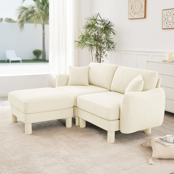 English Elm Boucle 2-Seater Loveseat Sofa With Stylish Shell Armrests & Removable Ottoman For Modern Living W3041S00275