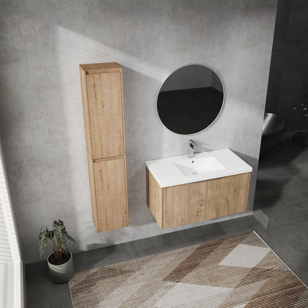 English Elm 36" Wall-Mounted Bathroom Vanity With Sink & Side Cabinets – Modern Soft-Close Design & Storage Solutions W999S00223