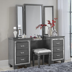 English Elm Modern Allura Tufted Vanity Stool with Acrylic Crystal Accent, Luxurious Faux Leather Seat, Chic Bedroom Accent Piece Gray 18.5 L x 17.25 W x 8.5 H B011P366053