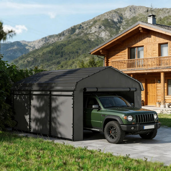English Elm Heavy Steel Carport with Waterproof Metal Roof Wind Resistant Outdoor Vehicle Shelter T3971S00201