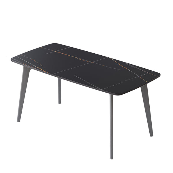 English Elm 62.99" Modern Artificial Stone Dining Table With Black Curved Edge - Seats 6, Sleek Metal Legs W1535S00525