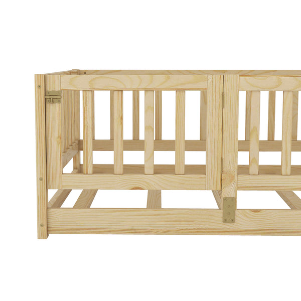 English Elm Twin Oak Montessori Floor Bed with Fence & Door, Twin Slatted Pine Frame, Low Profile for Kids (Natural) W1820P349300