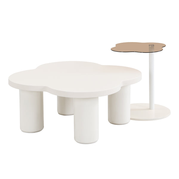 English Elm VIBE Petal-Shaped Modern Coffee Table Set of 2 with Roman Column Legs, Glass Top, Safe Rounded Corners SJ000135AAK
