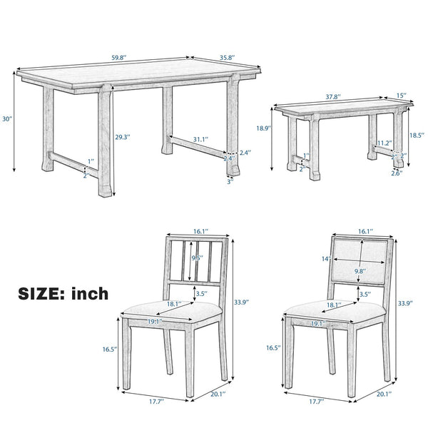 English Elm Trexm Farmhouse Dining Set Seats Six Oak Veneer Table Mixed Chairs Bench Included Beige,Walnut ST000156AAD