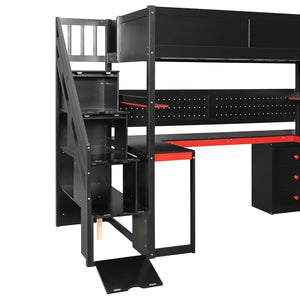 English Elm Full Size Gaming Loft Bed with Led Lighting Desk Shelves and Usb Charging Ports N820S00070J