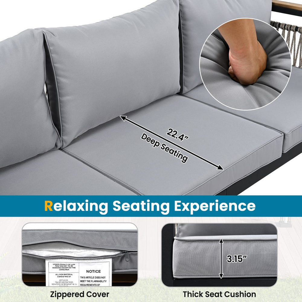 English Elm 4 Pieces Outdoor Sectional Sofa Set with Water-Resistant Cushions, Woven Rope Detail & Acacia Table Grey N719Z000130E