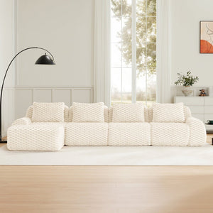 English Elm 146" Modular L-shaped Sectional Flannelette Sofa with Ottoman Tool-free Living Room Setup Cream W714S01522