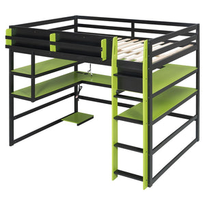 English Elm Full Size Gaming Loft Bed with Rgb Lights Wraparound Shelves and Built-in Usb Ports Green LT000299AAF
