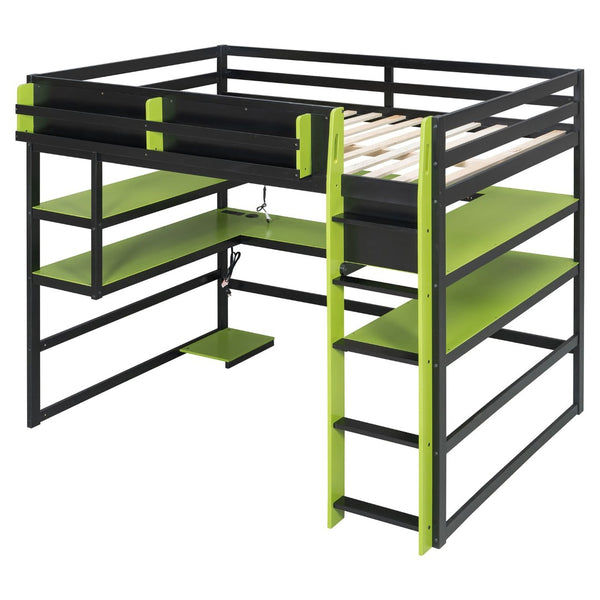 English Elm Full Size Gaming Loft Bed with Rgb Lights Wraparound Shelves and Built-in Usb Ports Green LT000299AAF