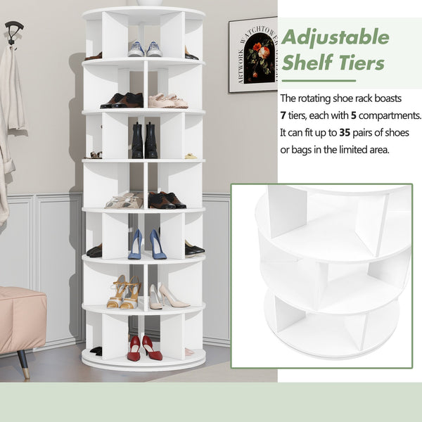 English Elm ON-TREND 7-Tier Rotating Shoe Tower with 360° Spinner, Adjustable 35-Pair Organizer for Entryway White N721P180790K
