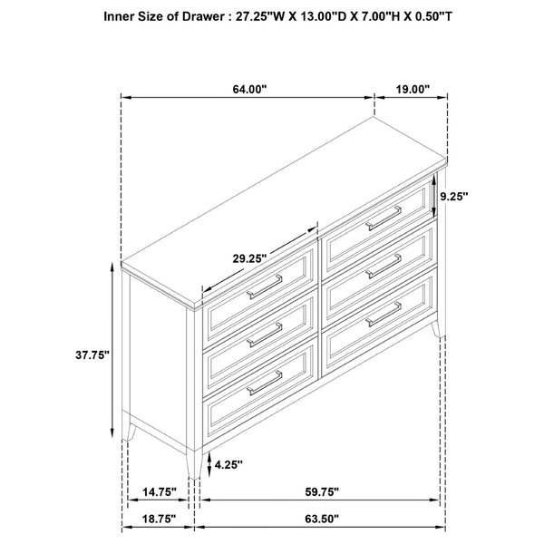 English Elm Inverness Six Drawer Farmhouse Dresser Distressed White Oak Veneer Brass Pulls B062P447818