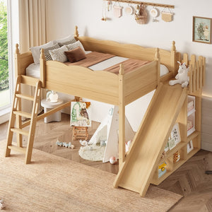 English Elm Full Loft Bed With Fun Slide, Storage Shelves, Solid Wood Design For Kids' Cozy Room Setup W1580S00247