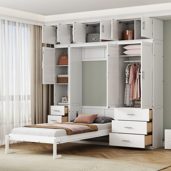 English Elm Twin Murphy Bed with Lockers & Wardrobes White — Space-Saving Foldaway Cabinet Bed w/ Shelves, Drawers and Video Guide GX000391AAK
