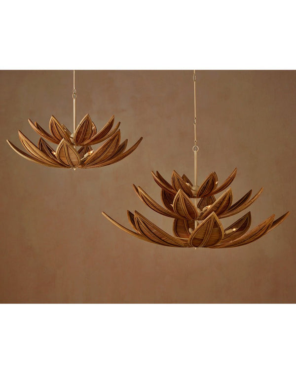 Currey & Company Cubana Two-tier Chandelier - Hand-crafted Rattan Leaves With Warm Glow, Adjustable Height, Elegant Design Natural Rattan ,Wrought Iron 9000-1298-currey-company