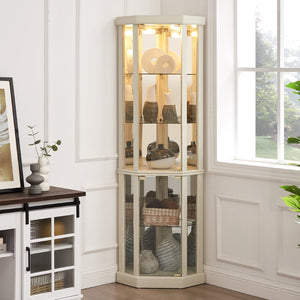 English Elm Corner Lighted Curio Cabinet with Mirrored Back Glass Shelves Classical Living Room Display Antique White W2275P194426