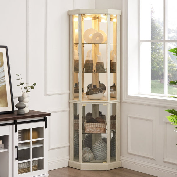 English Elm Corner Lighted Curio Cabinet with Mirrored Back Glass Shelves Classical Living Room Display Antique White W2275P194426