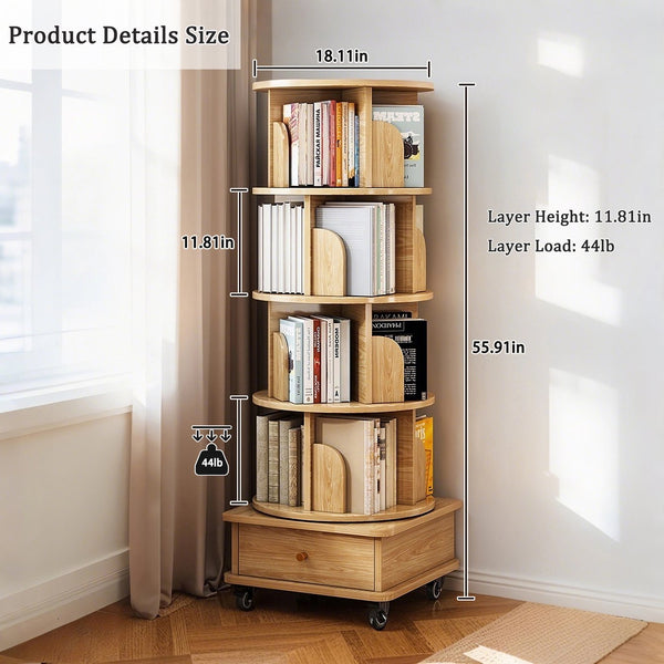 English Elm 5 Tier Rotating Bookshelf Tower with Curved Edges, 360° Smooth Spin, Stable Double-Layer Base, Space-Saving Storage Oak W3204P293695