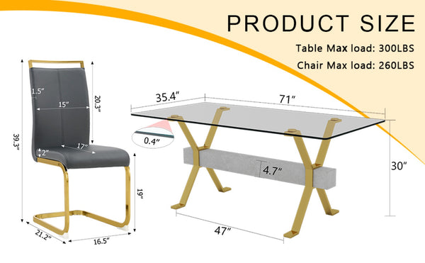 English Elm Table And Chair Set - Modern 71"X35.4" Transparent Glass Dining Set With 8 Gray Pu Chairs & Gold Legs W1151S02364-GIGA