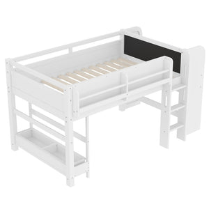 English Elm Twin Low Loft Bed Solid Pine Frame Kids Study Desk Blackboard Storage White W1580S00297