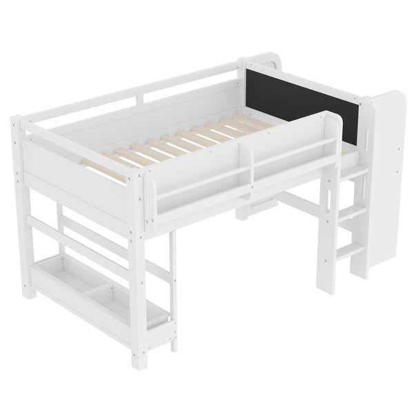 English Elm Twin Low Loft Bed Solid Pine Frame Kids Study Desk Blackboard Storage White W1580S00297