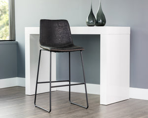 Sunpan Cal Barstool Set of 2 - Stylish Mid-Century Design with Brushed Steel Frame & Faux Leather Comfort Antique Black
