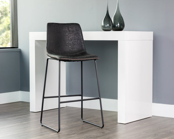 Sunpan Cal Barstool Set of 2 - Stylish Mid-Century Design with Brushed Steel Frame & Faux Leather Comfort Antique Black