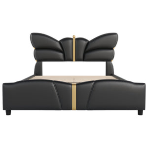 English Elm Christopher Knight Home® - Queen Plush Leather Upholstered Bed Frame with Wingback Headboard, Wavy Footboard, Quiet Support Black 82 L x 10 W x 3.25 H N761S0000019B
