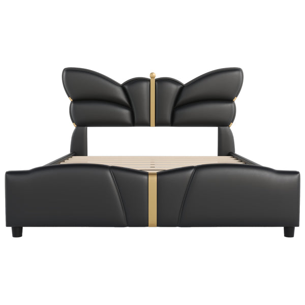 English Elm Christopher Knight Home® - Queen Plush Leather Upholstered Bed Frame with Wingback Headboard, Wavy Footboard, Quiet Support Black 82 L x 10 W x 3.25 H N761S0000019B