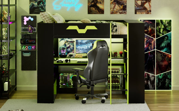 English Elm Full Size Gaming Loft Bed with Rgb Lighting Built-in Desk and Usb Charging Ports Green LT000275AAF