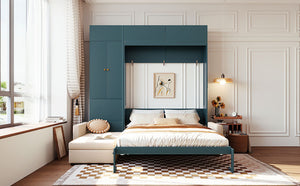 English Elm Queen Murphy Bed with L-shaped Velvet Sofa Storage Cabinets for Studio Living Green LP000765AAA-1
