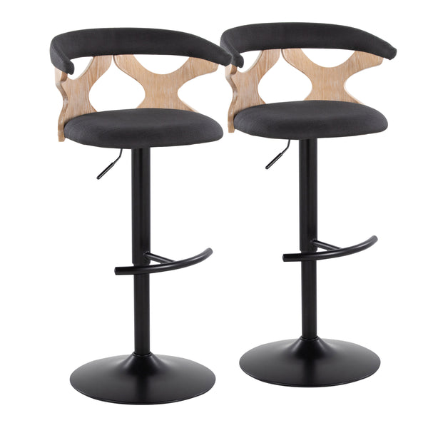English Elm Gardenia Adjustable Swivel Barstool with Padded Fabric Seat, Whitewashed Wood & Black Metal Base (Set of 2) Charcoal B202S00859